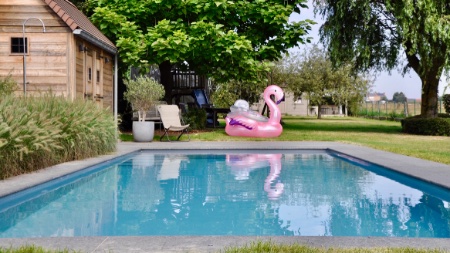 rose flamingo ligt in het gras naast een lichtgrijs zwembad met rolluikplage en trap