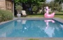 roze flamingo licht naast een lichtgrijs zwembad met rolluikplage en trap